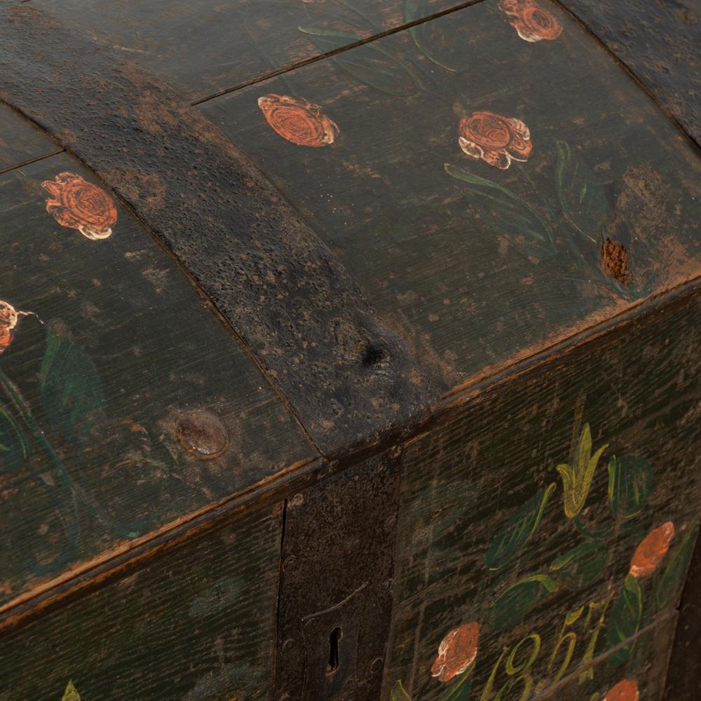 Iron Antique Original Hand Painted Green Dome Top Trunk with Flowers, Sweden Dated 18 For Sale