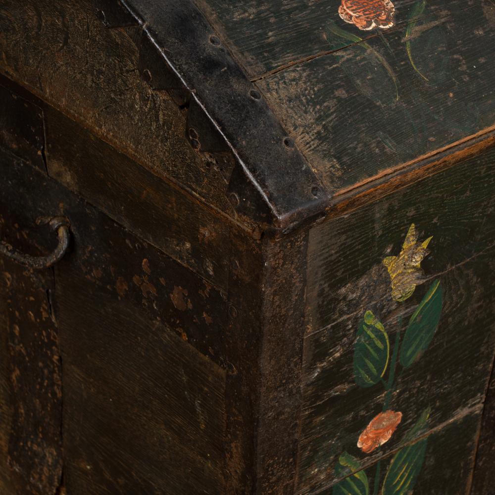 Antique Original Hand Painted Green Dome Top Trunk with Flowers, Sweden Dated 18 For Sale 1