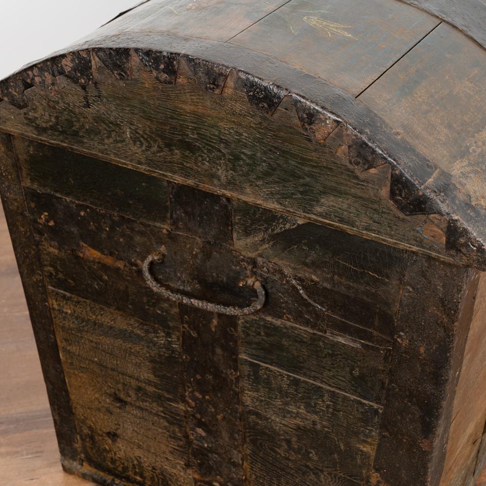 Antique Original Hand Painted Green Dome Top Trunk with Flowers, Sweden Dated 18 2