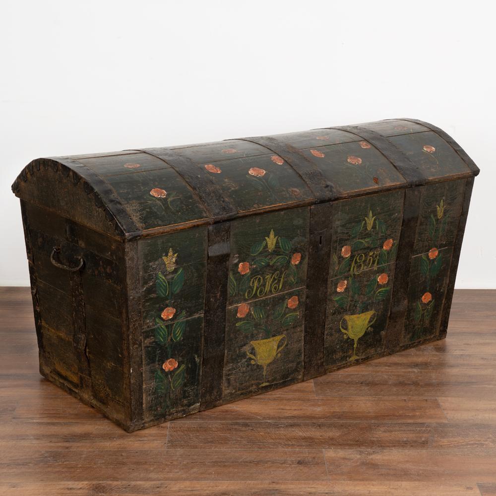 Original green painted dome top oak trunk from Sweden.
Monogram of PMS and date 