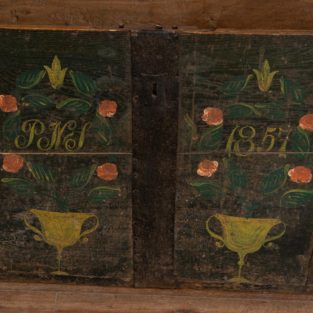 Swedish Antique Original Hand Painted Green Dome Top Trunk with Flowers, Sweden Dated 18 For Sale