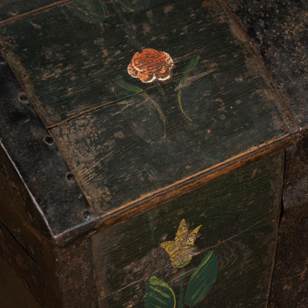 19th Century Antique Original Hand Painted Green Dome Top Trunk with Flowers, Sweden Dated 18