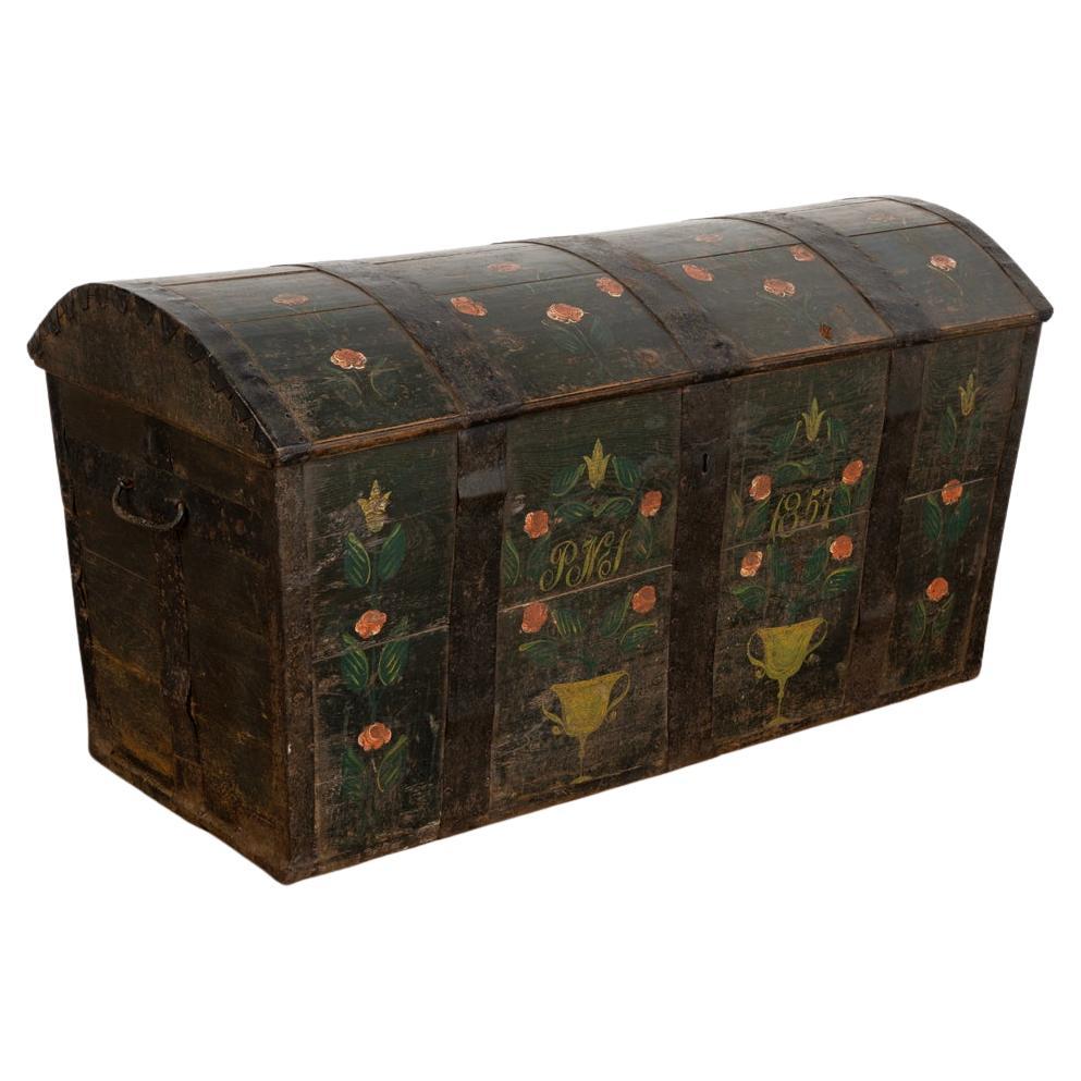 Antique Original Hand Painted Green Dome Top Trunk with Flowers, Sweden Dated 18 For Sale