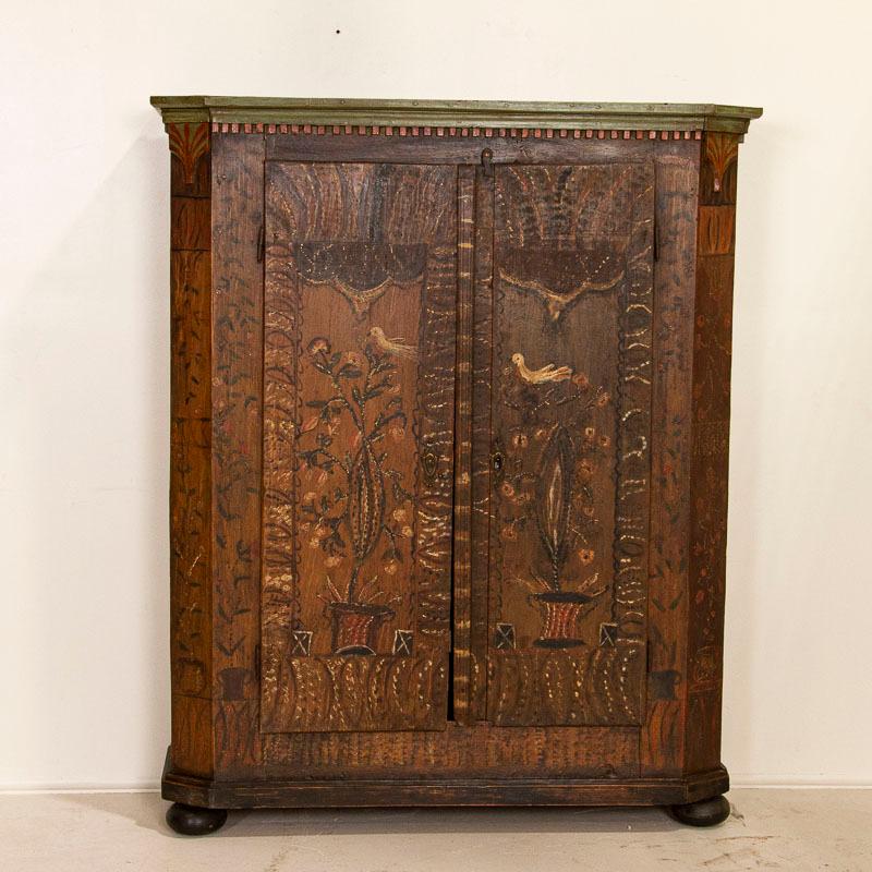 Hungarian Antique Original Hand Painted Narrow Armoire with Birds, Flowers and Vines