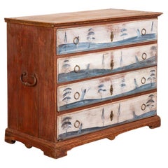 Antique Original Hand Painted Red Chest of Drawers with Blue Trees, Sweden circa