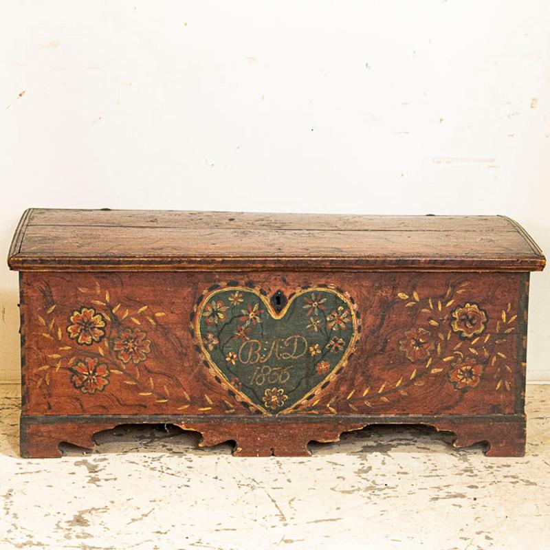 What stories would this trunk tell if only it could speak? The delightful heart with monogram of BAD indicate a couple began their married life in 1836, and would have filled this trunk with precious belongings along with hopes and dreams. The paint