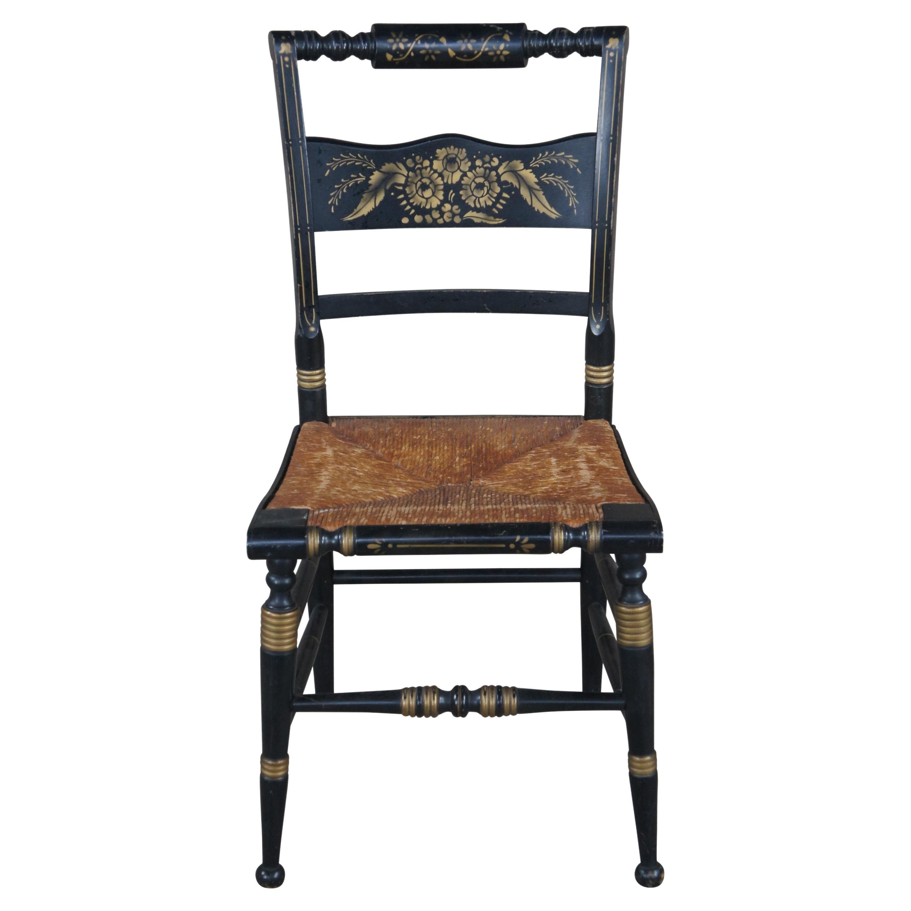 Antique Original Hitchcock Black & Gold Stenciled Farmhouse Rush Seat Side Chair