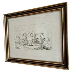 Antique Original Horse Etching, circa 1700: Framed Equestrian Print