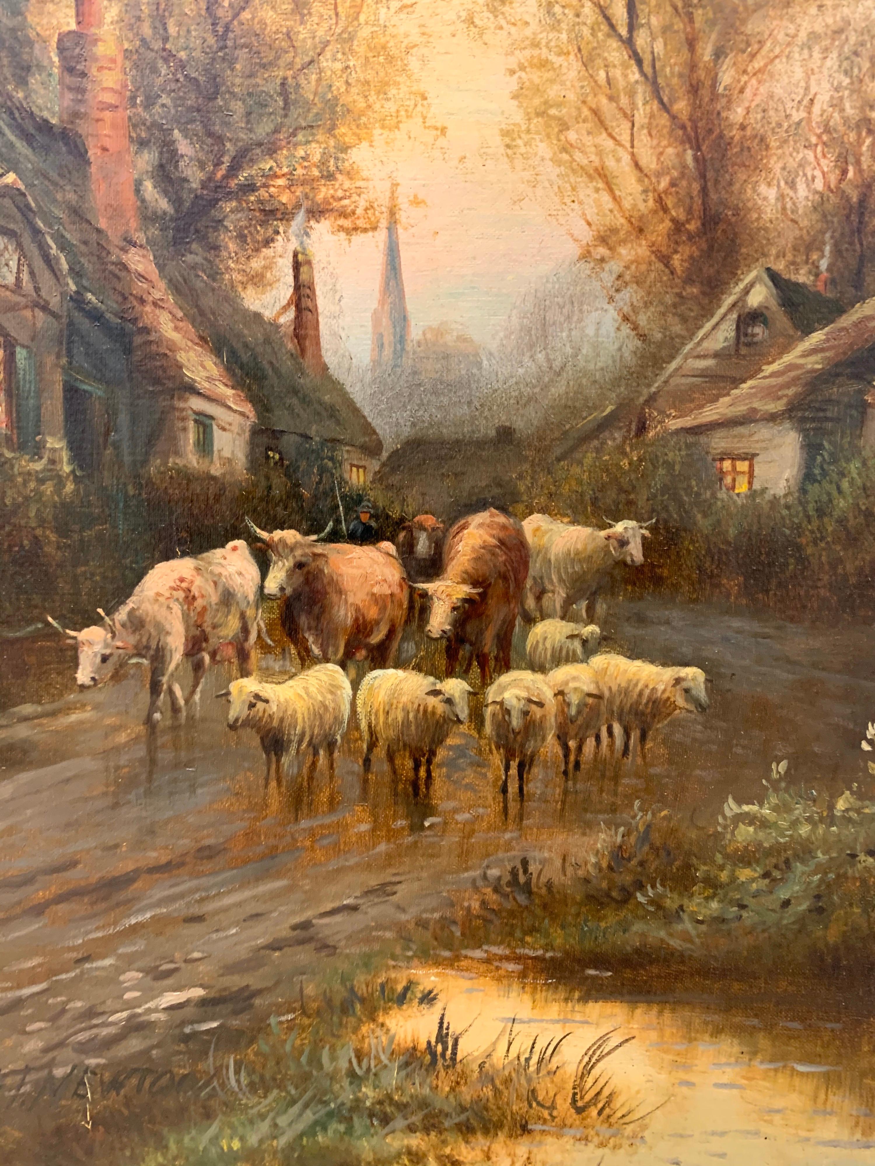 Elegant late 19th century antique original oil on canvas painting depicting a French countryside scene
with cows and sheep walking out of small village. Colors are vivid, frame is original and has some wear as it should. Artist signature present at