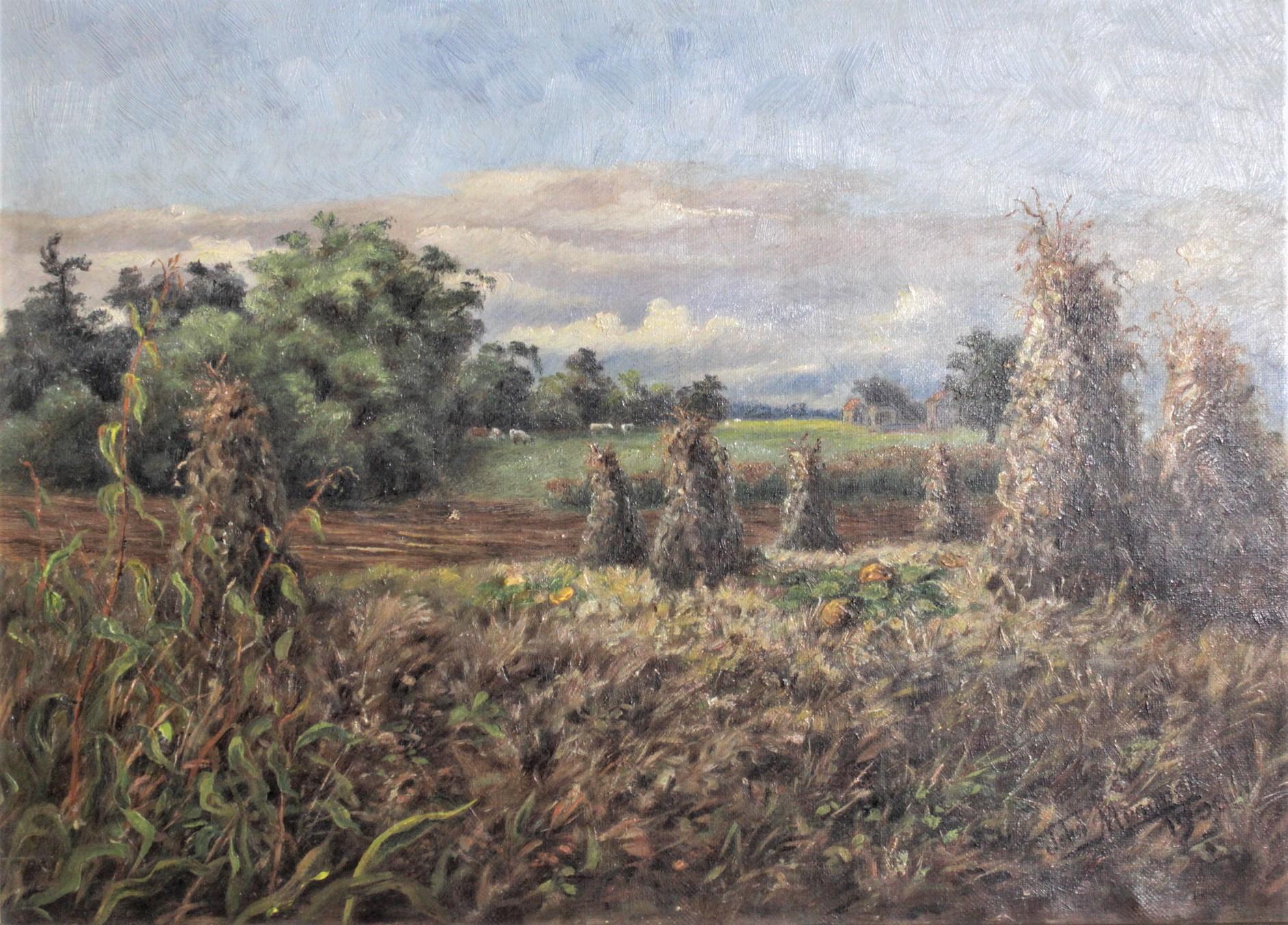 This original antique oil on canvas painting was done by John Munnoch of England in approximately 1900 in the period late Victorian style. The painting is a well executed landscape of an English pastoral countryside scene which is clearly signed and