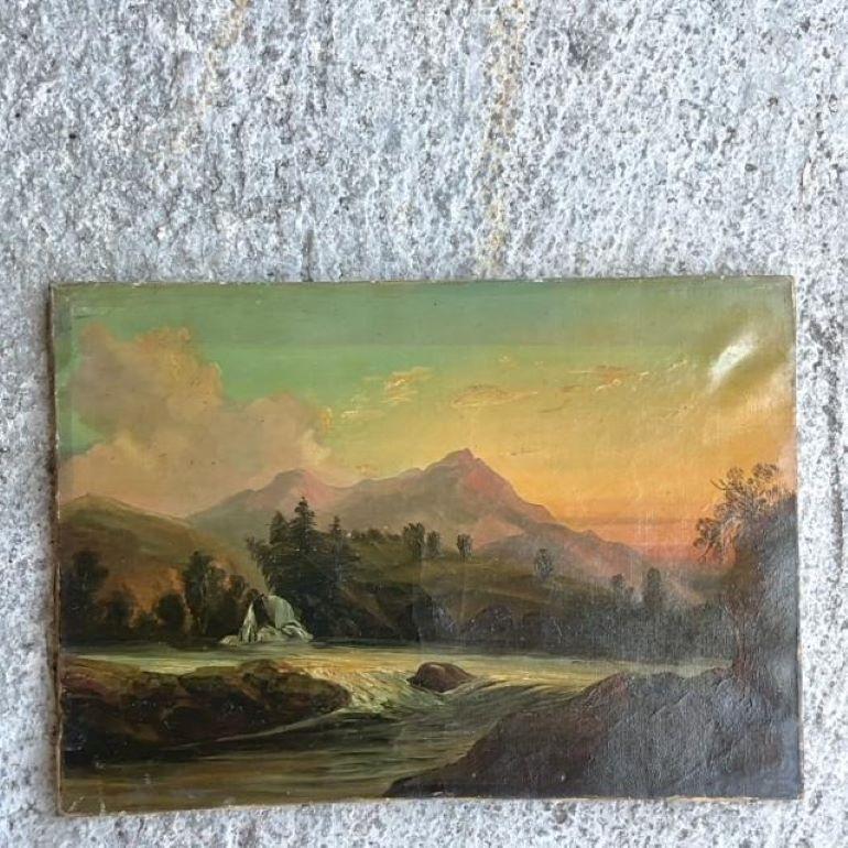 Immerse yourself in the untouched beauty of America's landscapes with this Antique Original Landscape Oil on Canvas. Painted with mastery and imbued with the spirit of the frontier, this artwork captures the vastness and tranquility of the American