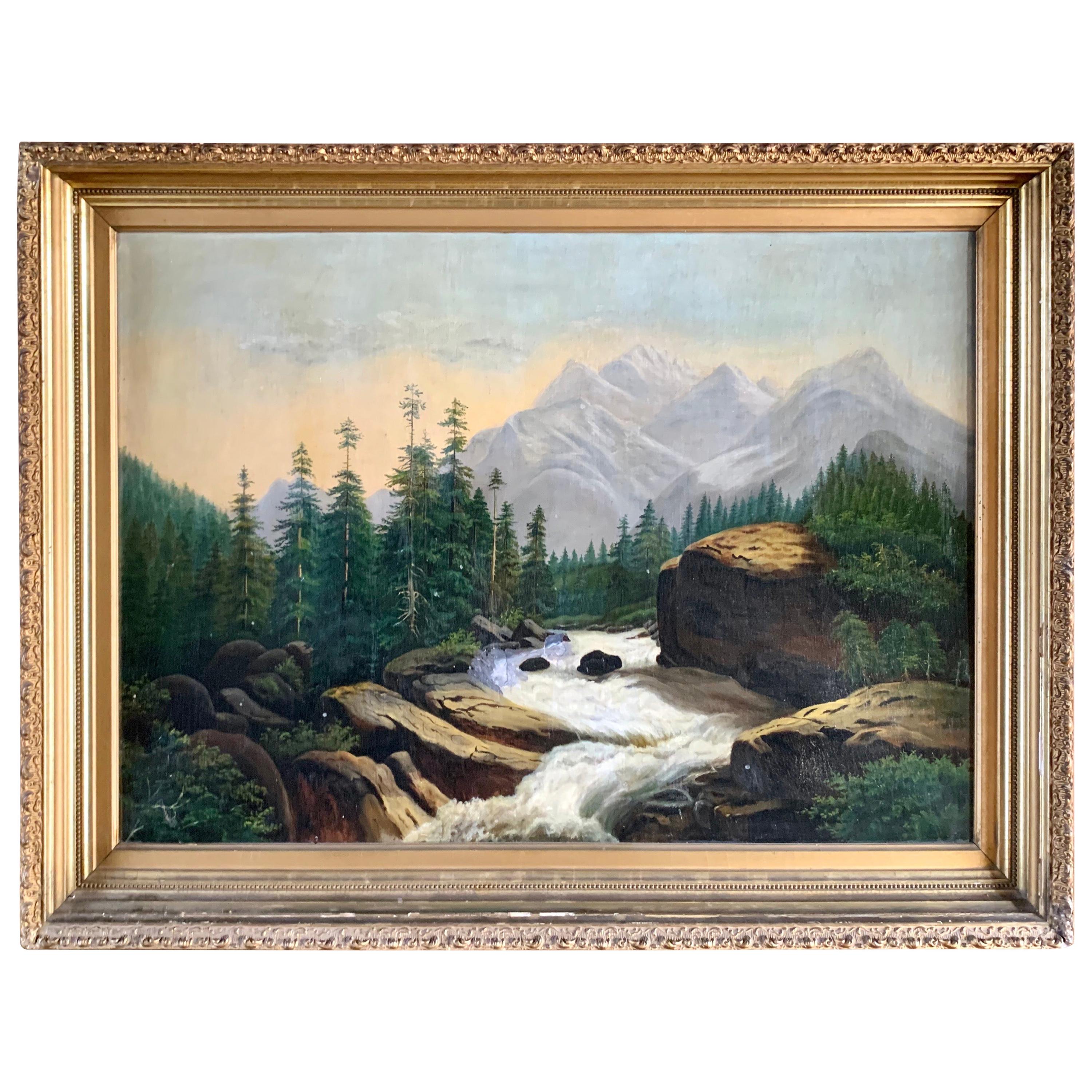 Antique Original Landscape Oil Painting of Mountains Hudson River School