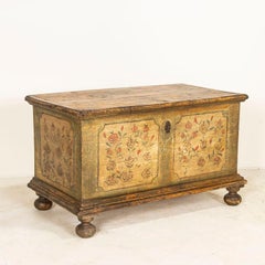Antique Original Large Green Painted Flat Top Trunk with Flower Details