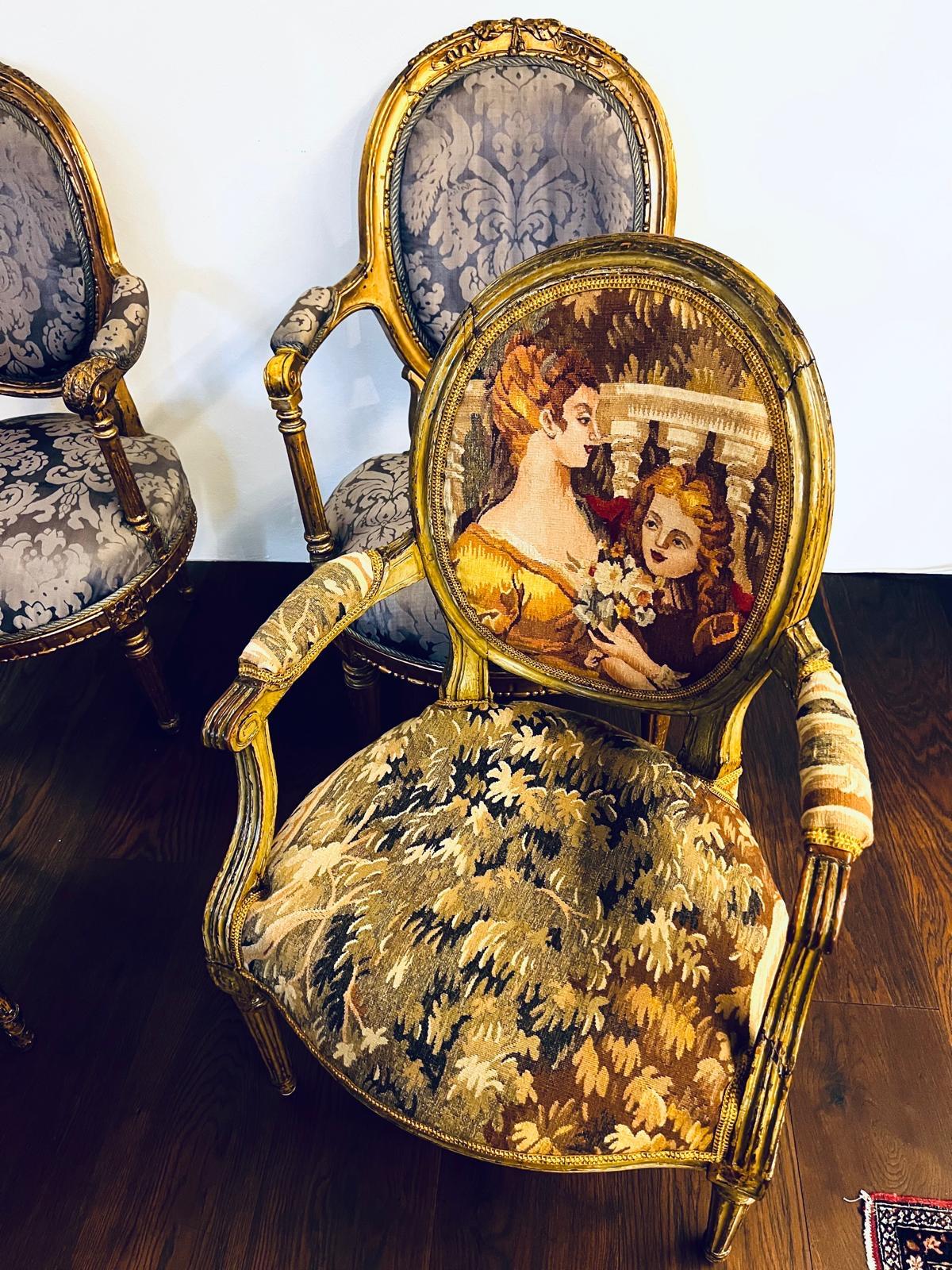 Tapisserie Ensemble original de quatre chaises d'époque Louis XVI par J.B. Lelarge Paris 1775 en vente