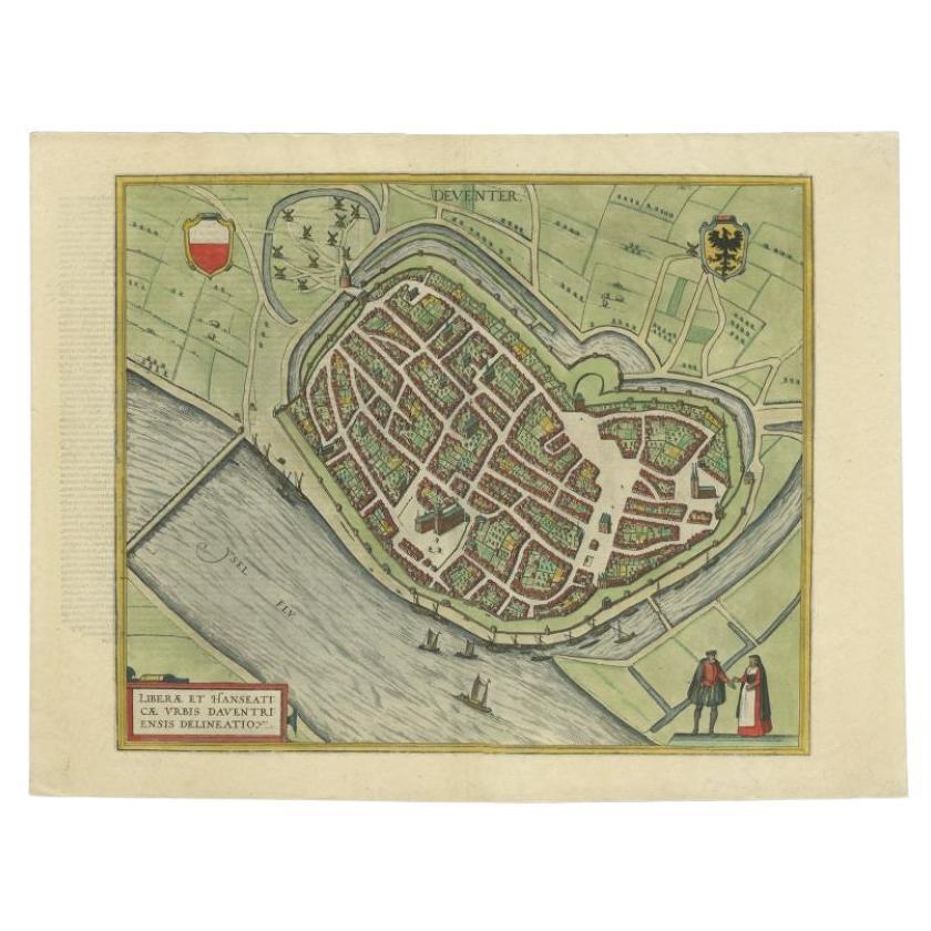 Antique Original Map of the City of Deventer, the Netherlands, 1588 For Sale