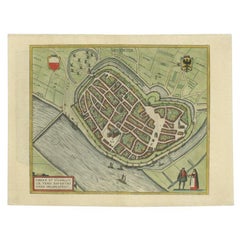 Antiguo mapa original de la ciudad de Deventer, Países Bajos, 1588