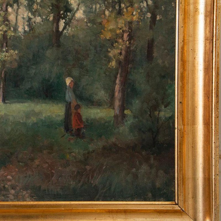 Antique Original Oil on Canvas Landscape Painting with Mother and Child, Signed In Good Condition In Round Top, TX