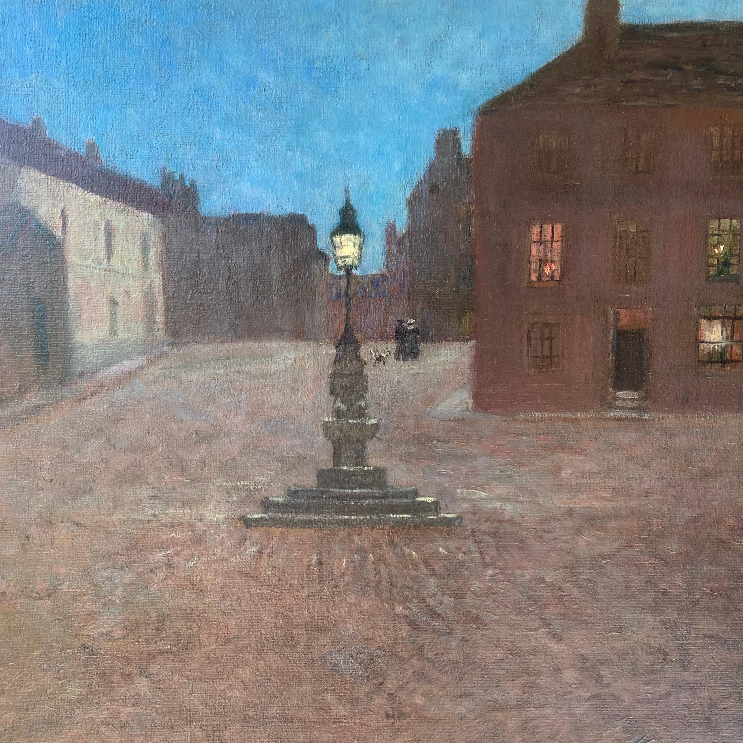 British Antique Original Oil on Canvas Painting Depicting an Evening Street Scene  For Sale