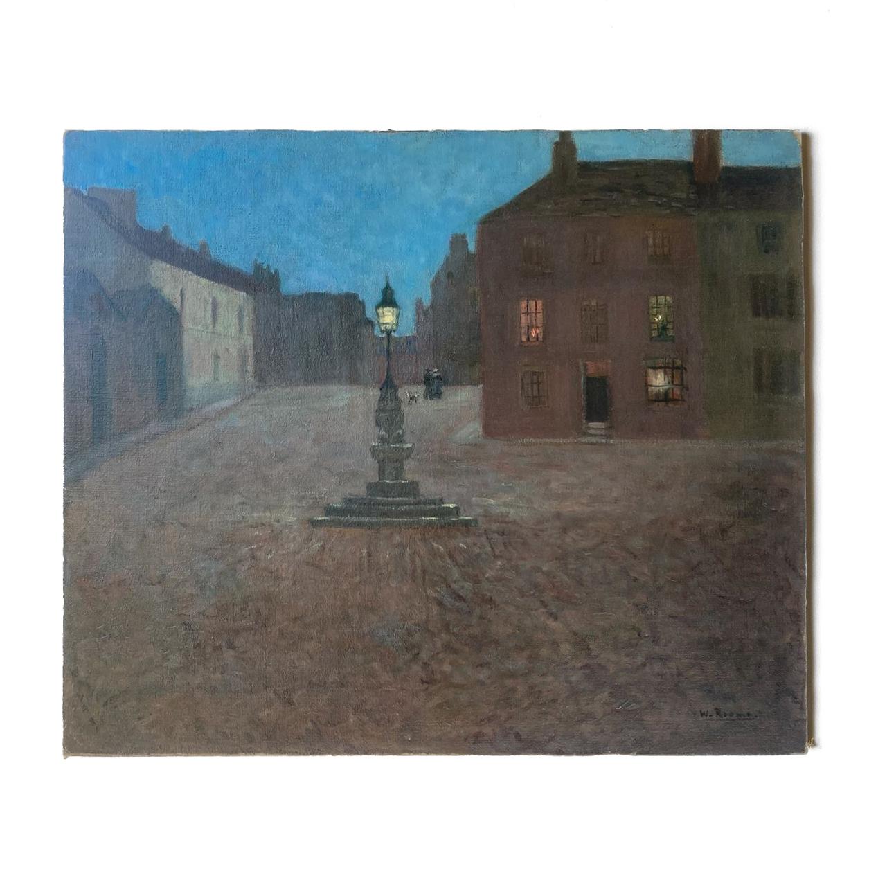 A Dusky Town Square Landscape Painting, Early 20th century

by Winifred Beatrice Roome 1873-1957

Depicting figures walking with a dog in the distance in a quiet town square in the late evening, the street lamp is on and the sky is
