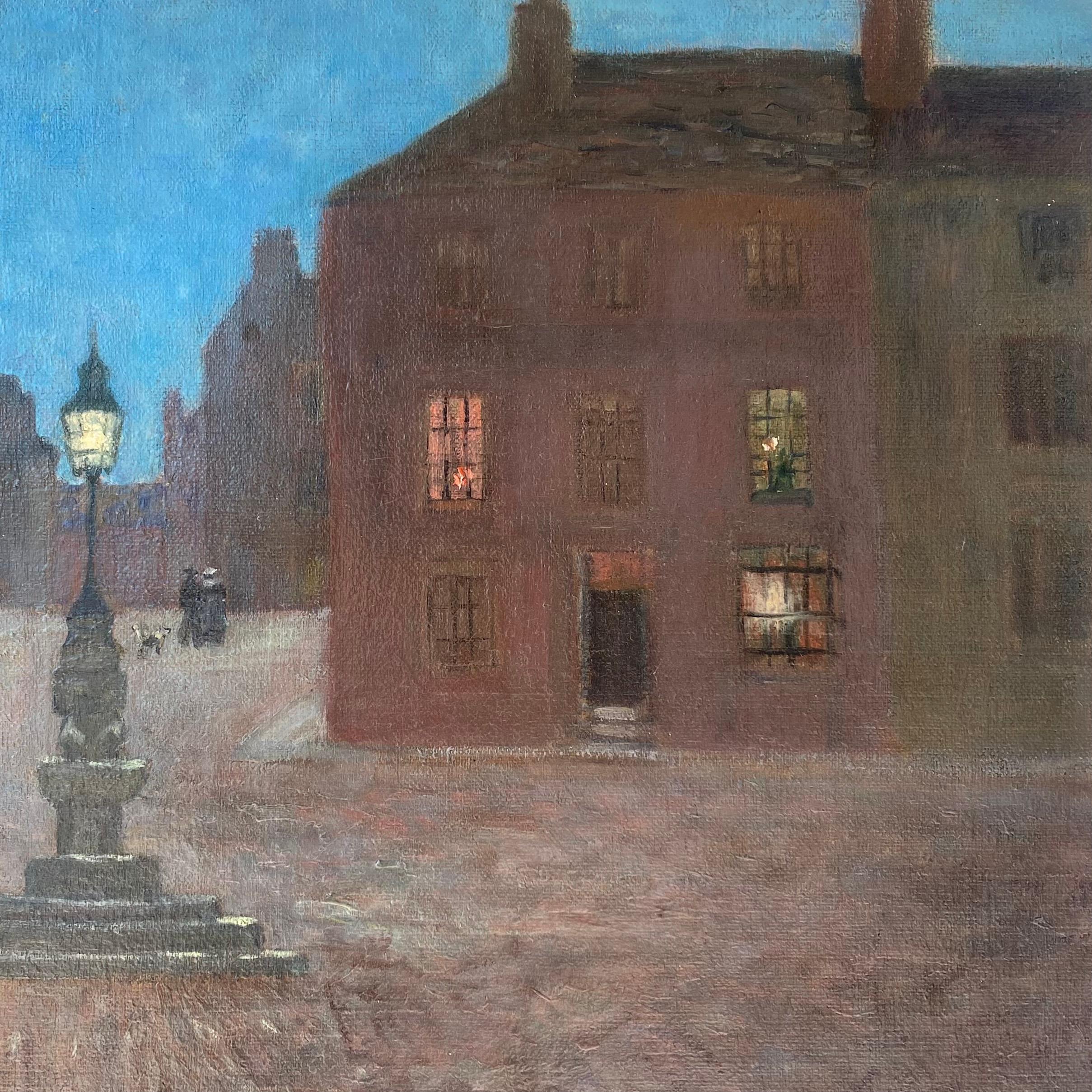Hand-Painted Antique Original Oil on Canvas Painting Depicting an Evening Street Scene  For Sale