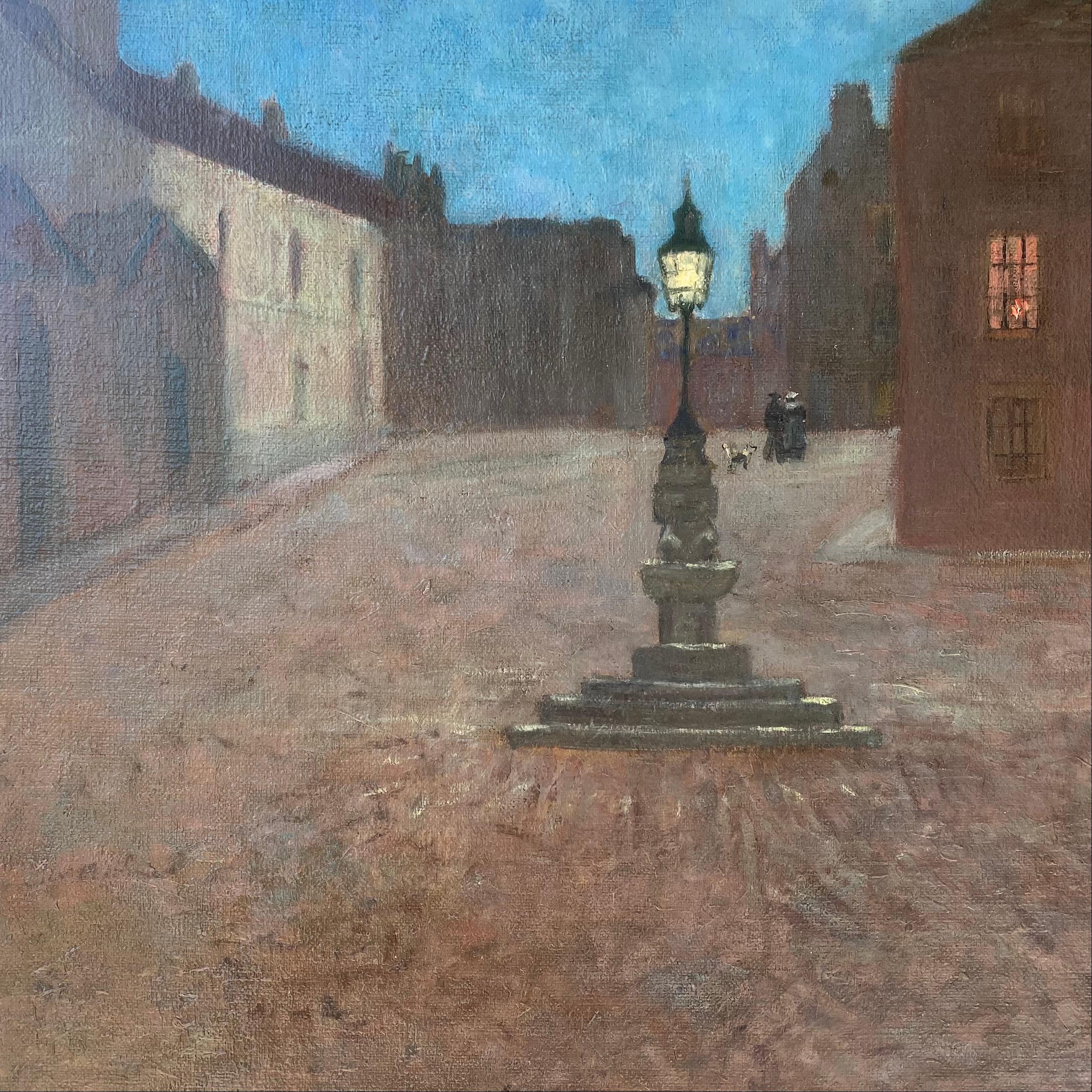 Antique Original Oil on Canvas Painting Depicting an Evening Street Scene  In Good Condition For Sale In Bristol, GB