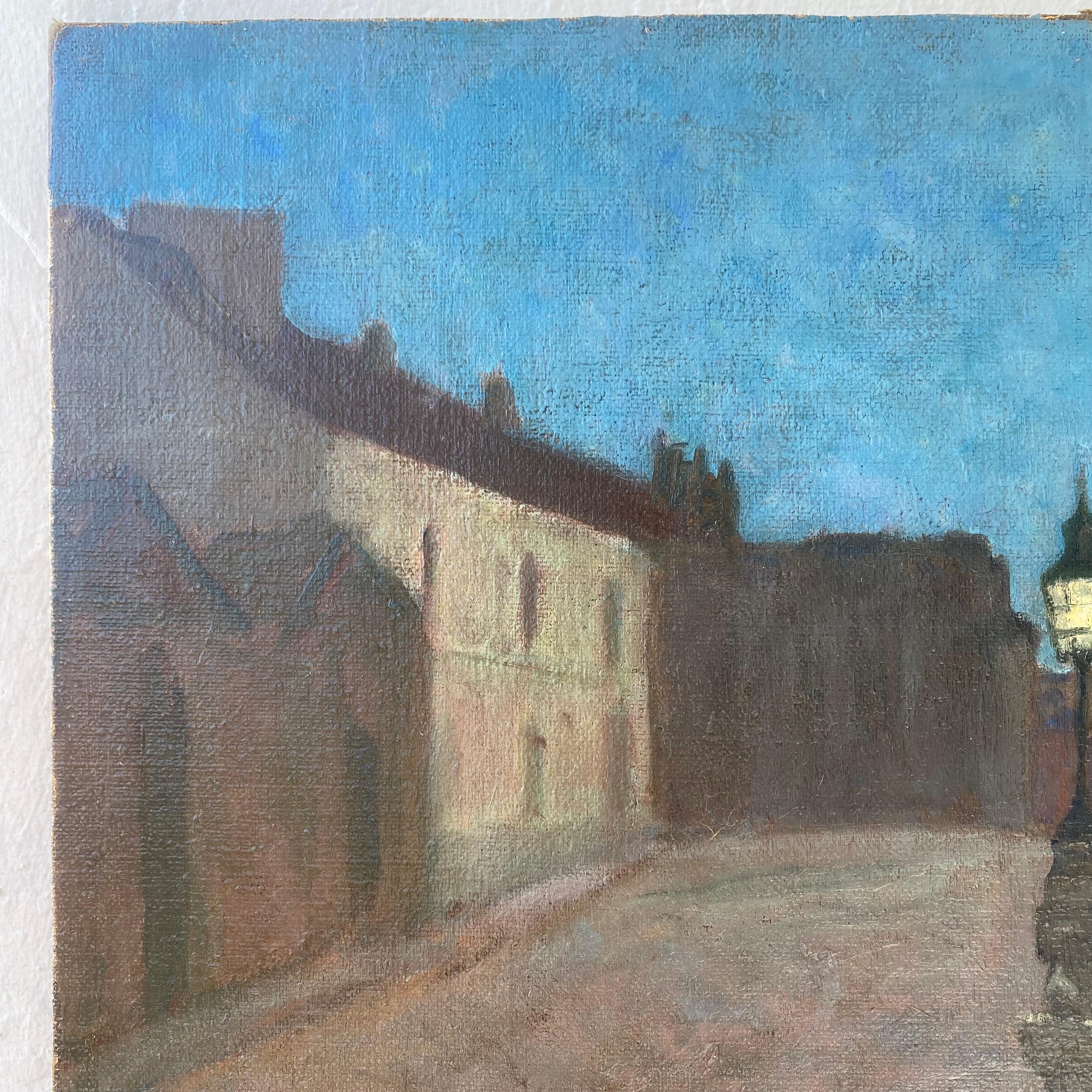 20th Century Antique Original Oil on Canvas Painting Depicting an Evening Street Scene  For Sale