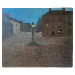 Ancienne peinture originale à l'huile sur toile représentant une scène de rue de soirée 