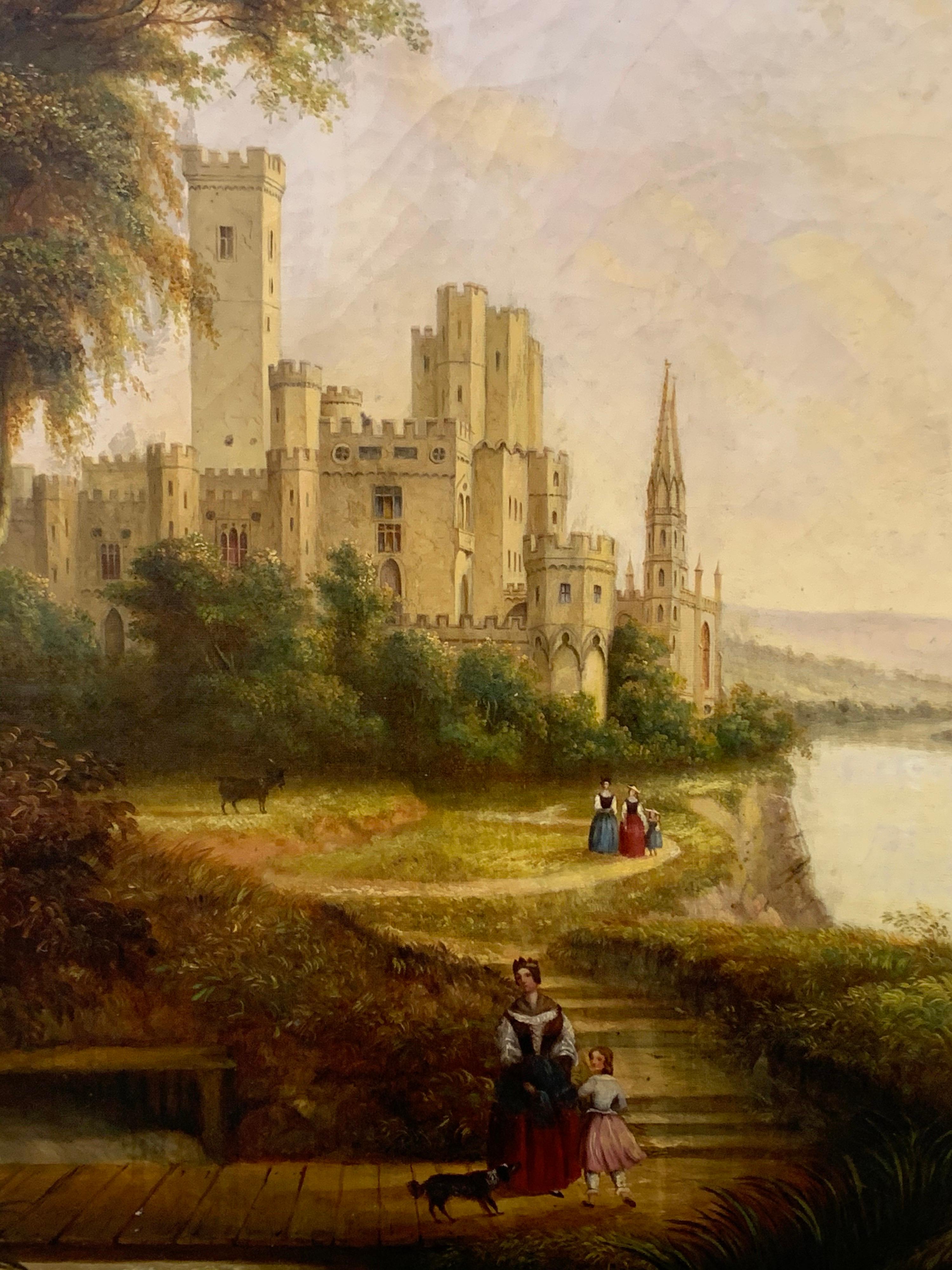 Elegant late 19th century antique original oil on canvas painting depicting a French countryside scene
with castle in background. Colors are vivid, frame is original and has some wear as it should. No artist
signature present. Actual painting has