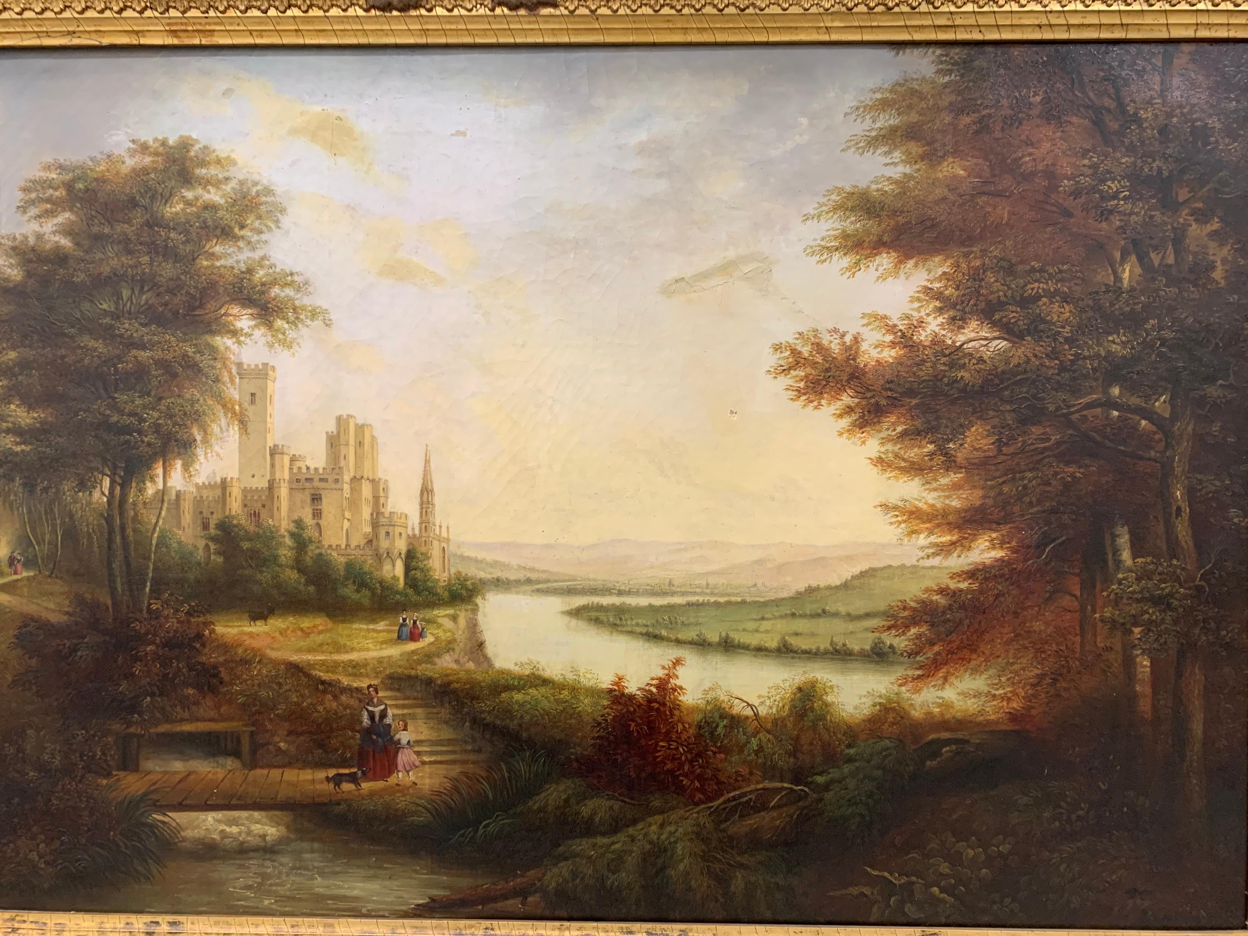 Louis XVI Antique Original Oil on Canvas Painting French Countryside, 19th Century