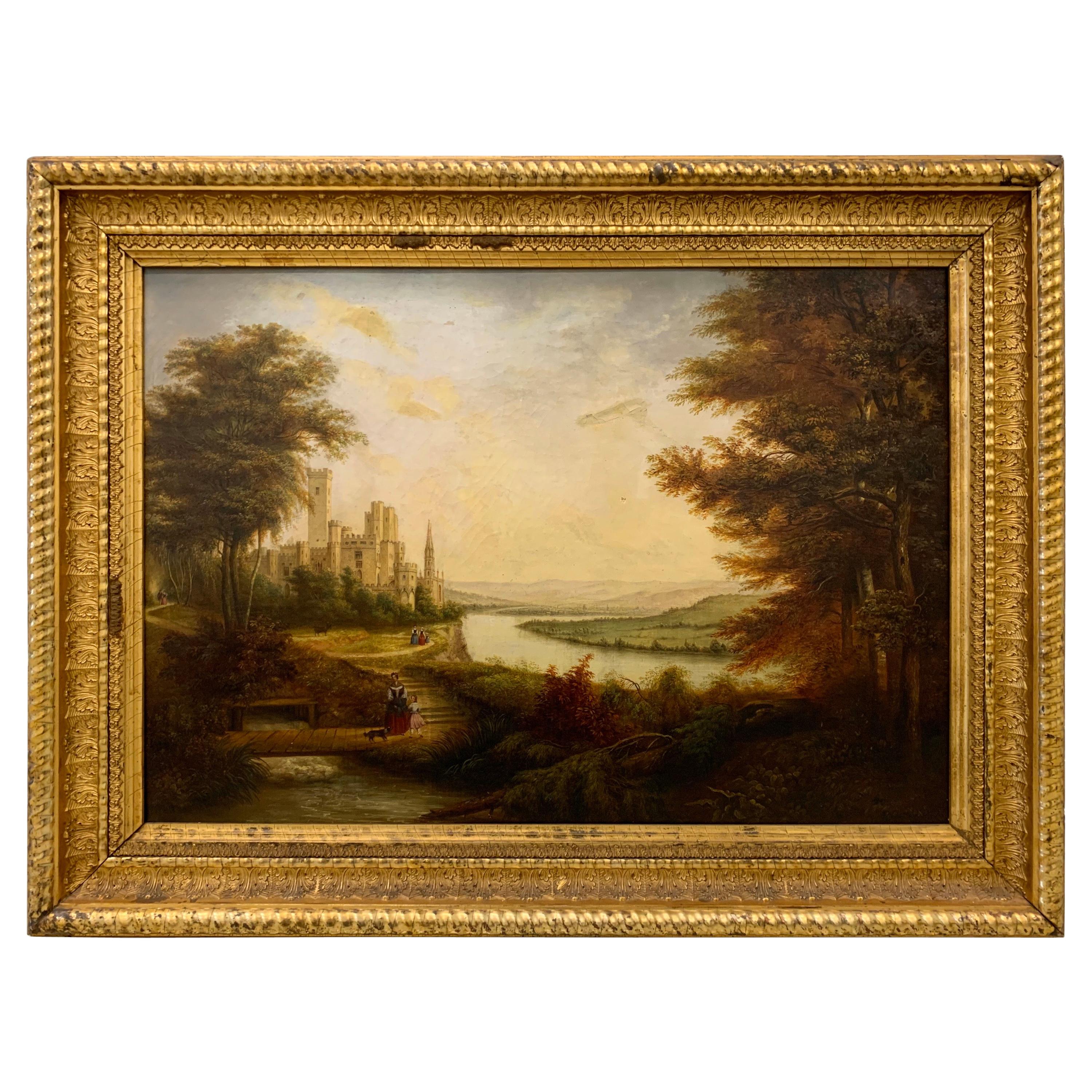 Antique Original Oil on Canvas Painting French Countryside, 19th Century