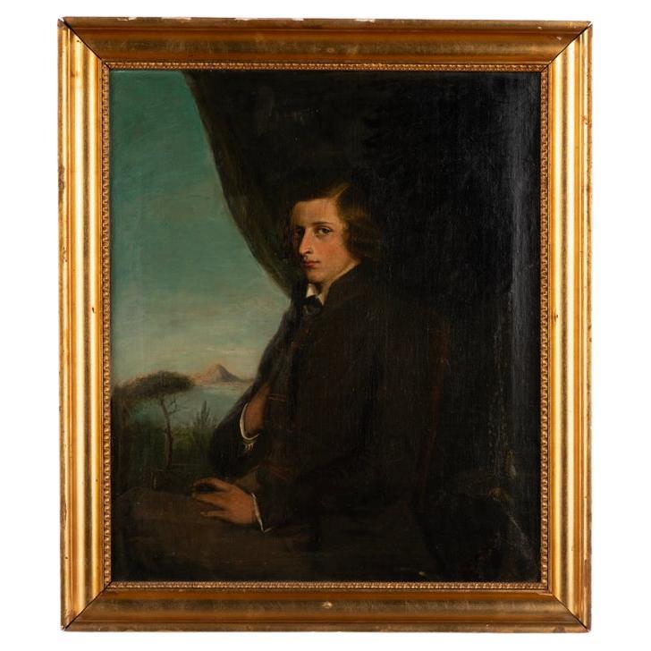 Ancienne peinture originale à l'huile sur toile d'un jeune homme en Italie, datée de 1834