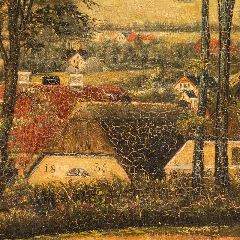 19th Century Antique Original Oil on Canvas Painting of Danish Village, Signed CR 1890