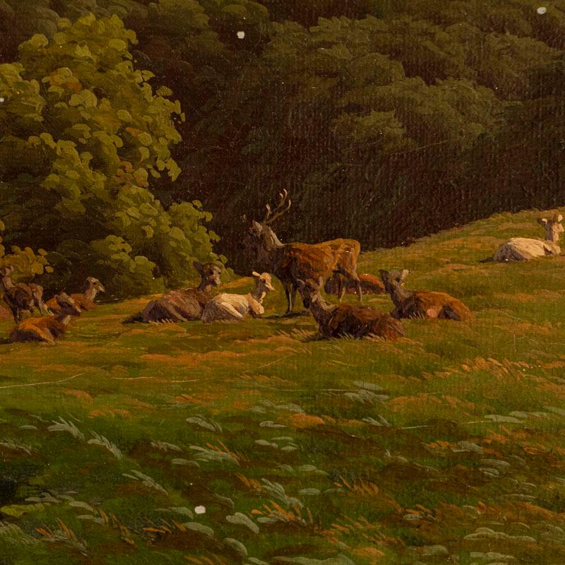 Danish Antique Original Oil on Canvas Painting of Elk in Meadow, Signed by Carl Bartsch