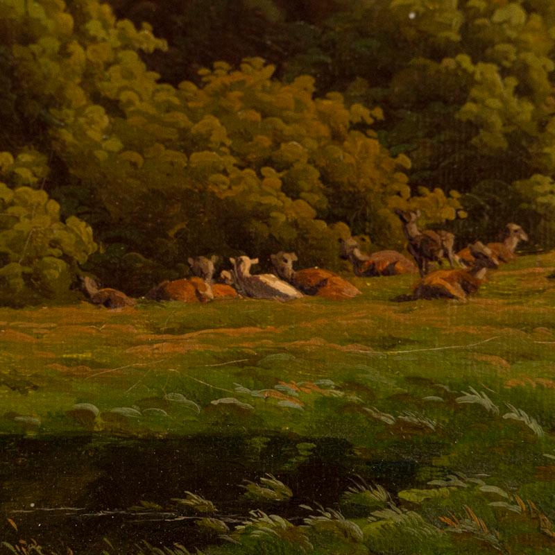 Antique Original Oil on Canvas Painting of Elk in Meadow, Signed by Carl Bartsch In Good Condition In Round Top, TX