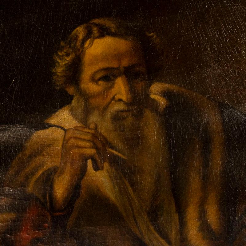 This original oil on canvas painting has powerful presence of the Apostle Thomas. It is after the original by Nicolaes Maes from 1656. This unsigned canvas has minimal retouches, extensive craquelure and will likely benefit from cleaning. The gold