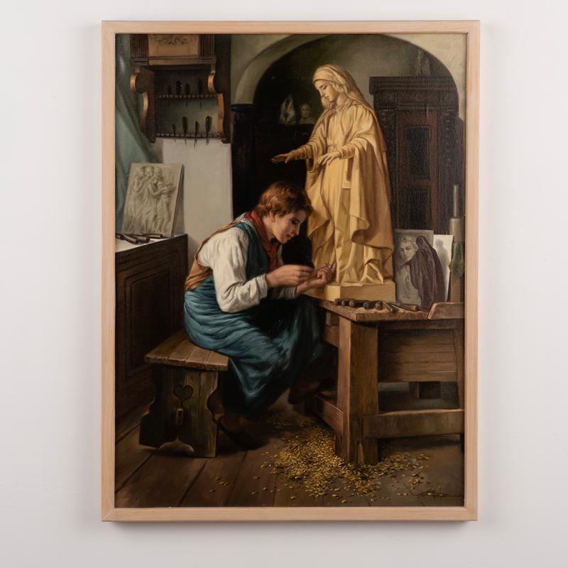 Original oil on canvas painting of young sculptor in wood workshop, Signed by unknown artist.
Canvas has minor scratches, craqueleur.
Denmark, circa 1920-40
Please refer to professional photos for clear understanding of colors, condition,