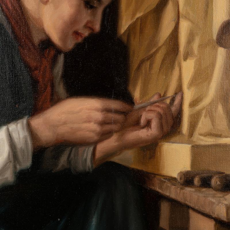 Toile Ancienne peinture originale à l'huile sur toile - Portrait d'un jeune sculpteur, Danemark ci en vente