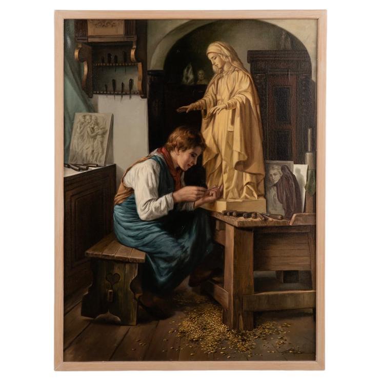 Antiguo cuadro original al óleo sobre lienzo Retrato de un joven escultor, Dinamarca