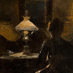 Antique Original Oil on Canvas Petite Painting of Woman at Writing Desk