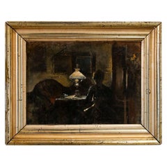 Antique Original Oil on Canvas Petite Painting of Woman at Writing Desk