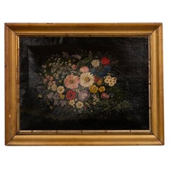 Antique Original Oil on Canvas Small Painting Still Life with Flowers, Early 19t
