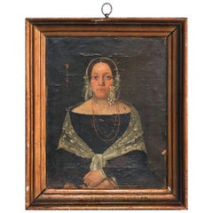 Antique Original Oil on Canvas Small Portrait of Woman in Black with Lace Shawl