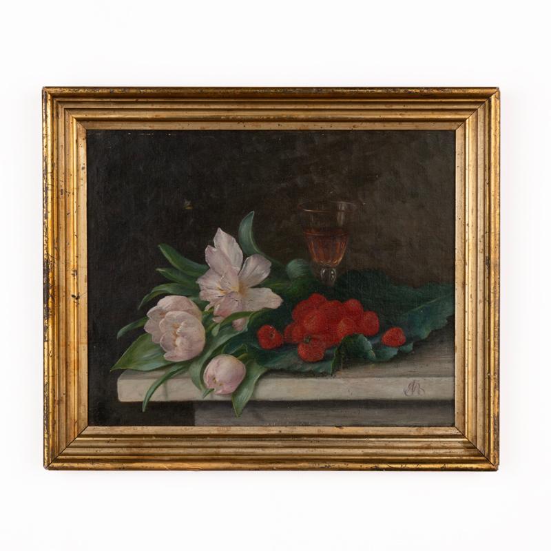 Delightful still life oil on canvas painting with tulips and strawberries by Alfrida Baadsgaard (b. Copenhagen 1839, d. s.p. 1912). Signed monogram. Condition includes expected age-related wear including retouches, minor peelings, scuffs, canvas has