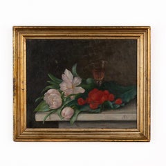 Antique Original Oil on Canvas Still Life Painting of Tulips and Berries by Alfr