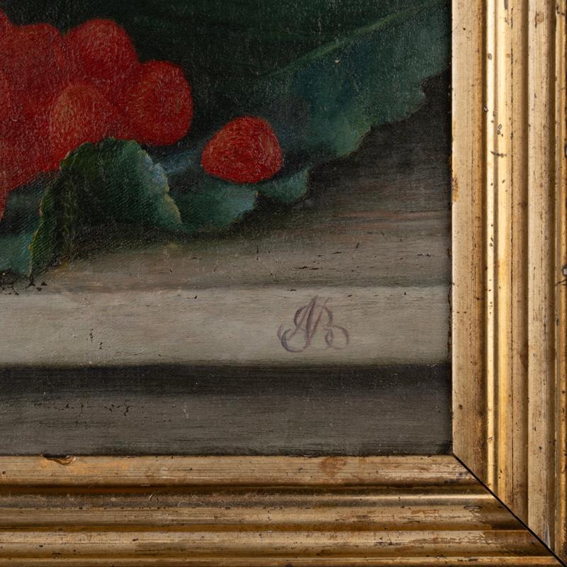 Antikes Original-Stillleben in Öl auf Leinwand, Gemälde von Tulpen und Beeren von Alfr (Dänisch) im Angebot