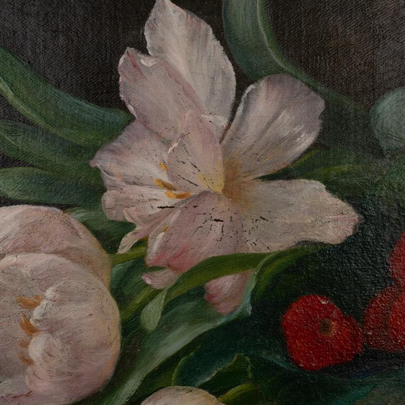 Antique Original Oil on Canvas Still Life Painting of Tulips and Berries by Alfr In Good Condition For Sale In Round Top, TX
