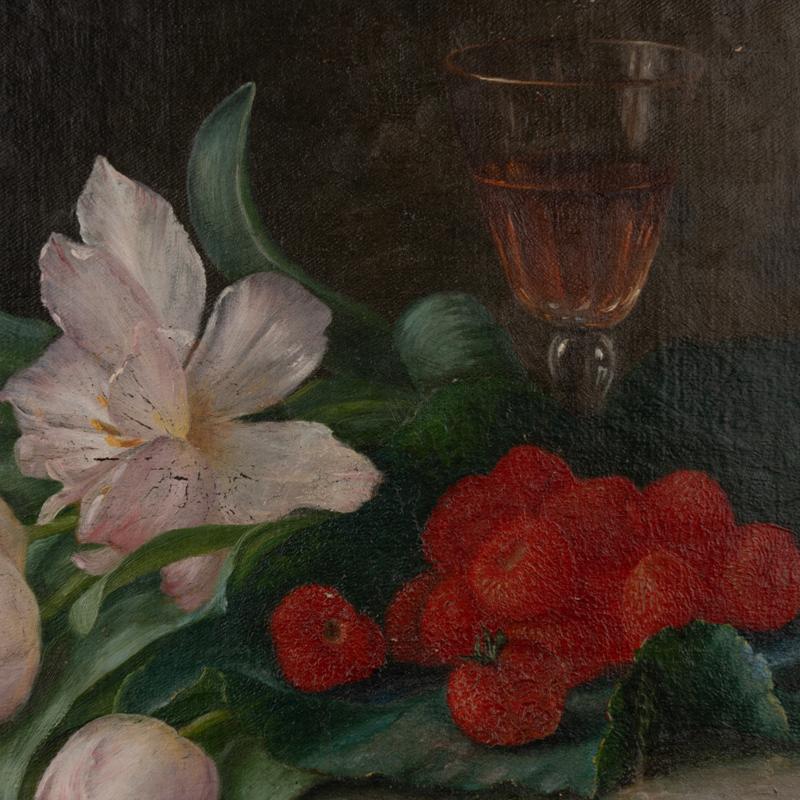 19th Century Antique Original Oil on Canvas Still Life Painting of Tulips and Berries by Alfr For Sale