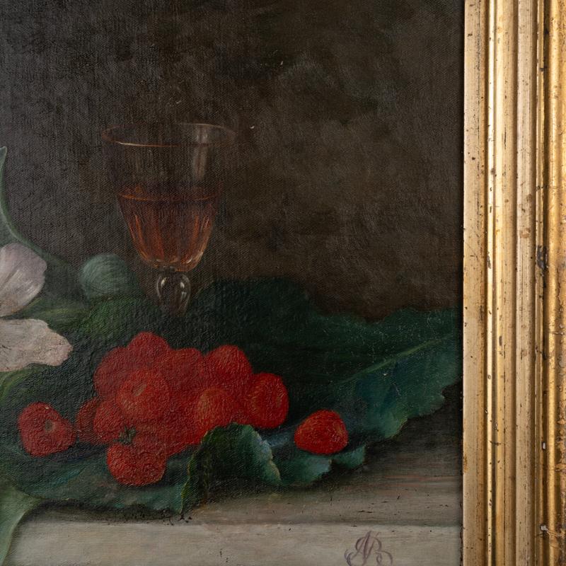 Antikes Original-Stillleben in Öl auf Leinwand, Gemälde von Tulpen und Beeren von Alfr im Angebot 2