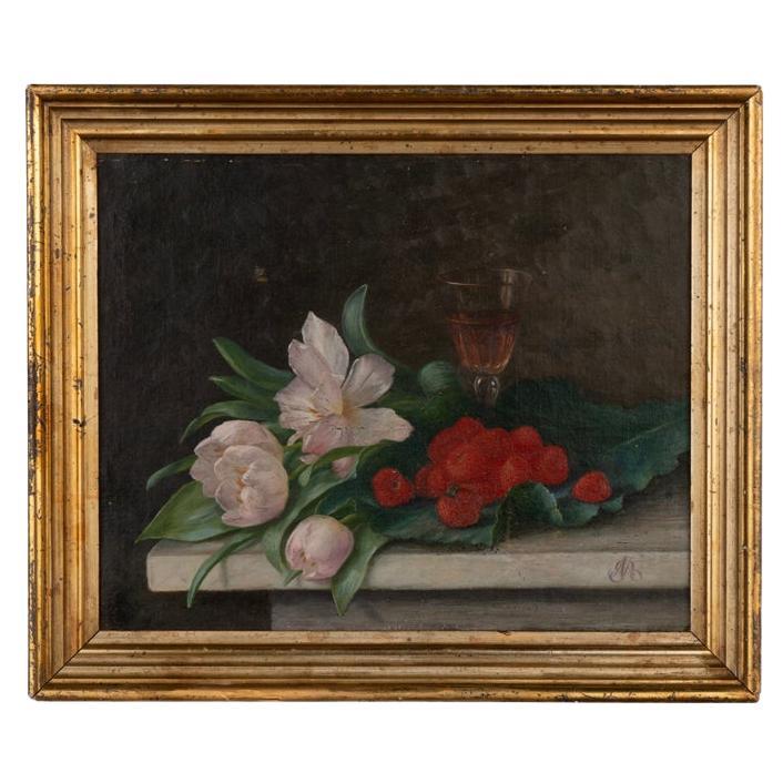 Antikes Original-Stillleben in Öl auf Leinwand, Gemälde von Tulpen und Beeren von Alfr im Angebot