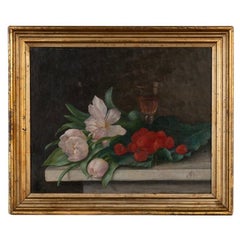 Peinture à l'huile originale ancienne sur toile - Nature morte de tulipes et de baies par Alfr